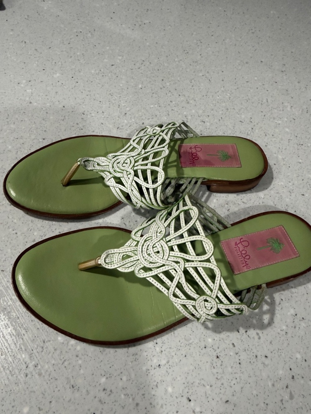 Lilly Pulitzer Green Leather Sandals with White Braided Straps